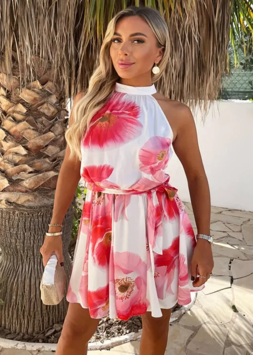 AX Paris Pink Floral Print Halter Neck Tie Waist Mini Dress