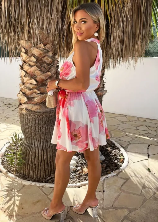 AX Paris Pink Floral Print Halter Neck Tie Waist Mini Dress