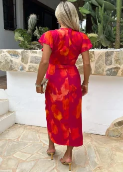 AX Paris Pink Smudge Print Flutter Sleeve Wrap Midi Dress