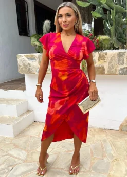 AX Paris Pink Smudge Print Flutter Sleeve Wrap Midi Dress