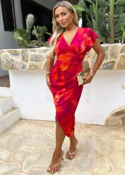 AX Paris Pink Smudge Print Flutter Sleeve Wrap Midi Dress