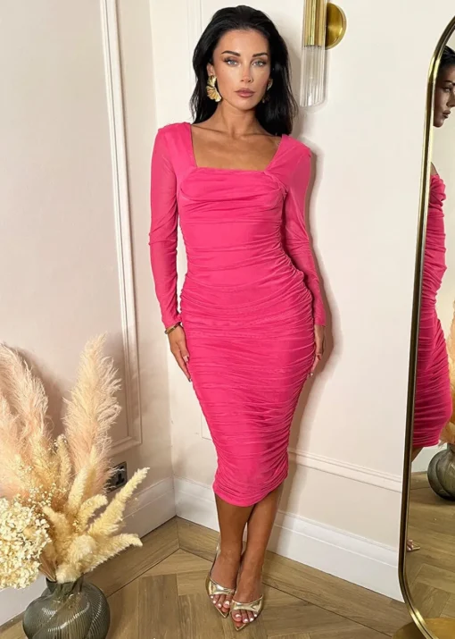 AX Paris Pink Square Neck Long Sleeve Ruched Bodycon Mesh Midi Dress