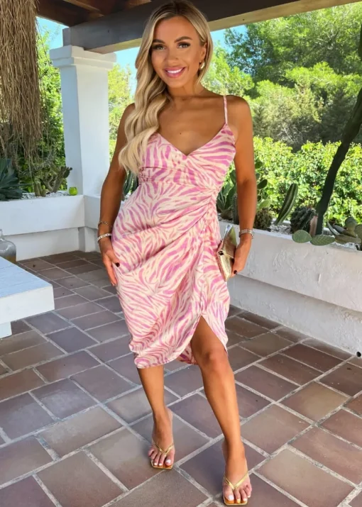 AX Paris Pink Zebra Print Strappy Wrap Top Gathered Skirt Midi Dress