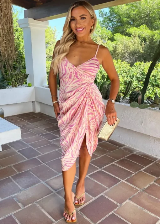AX Paris Pink Zebra Print Strappy Wrap Top Gathered Skirt Midi Dress