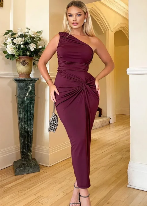 AX Paris Plum One Shoulder Knot Skirt Midi Dress