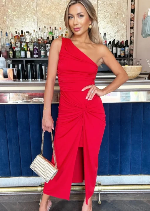 AX Paris Red One Shoulder Knot Skirt Midi Dress