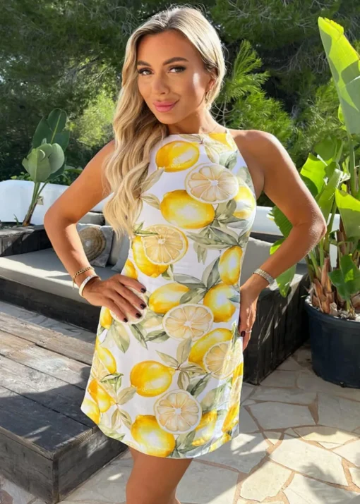 AX Paris Yellow Lemon Print Racer Neck Slip Mini Dress