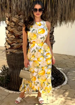 AX Paris Yellow Lemon Print Waist Cut Out Frill Hem Midi Dress