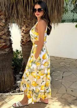 AX Paris Yellow Lemon Print Waist Cut Out Frill Hem Midi Dress