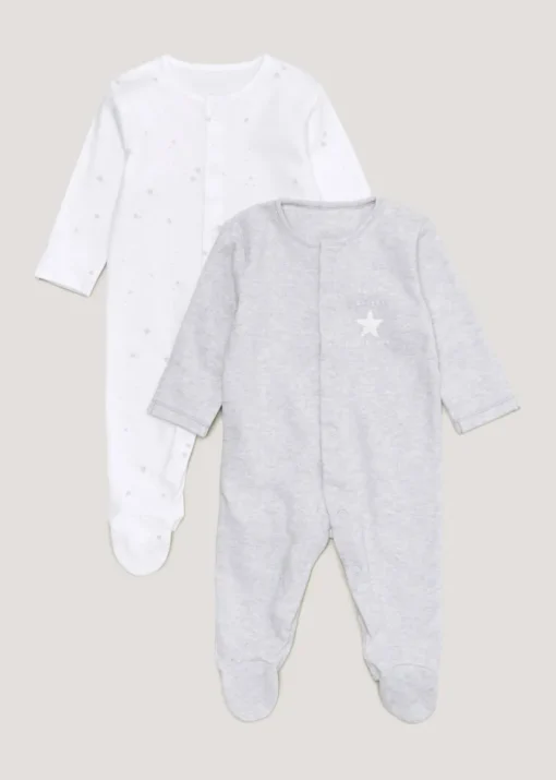 Baby 2 Pack Grey Star Sleepsuit (Newborn-23mths)
