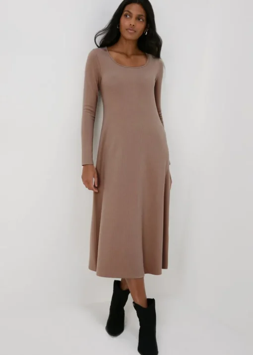 Beige Ribbed Scoop Neck Midi Dress