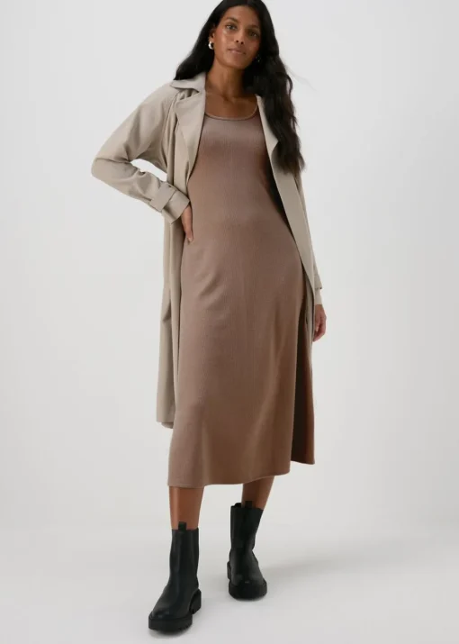 Beige Ribbed Scoop Neck Midi Dress