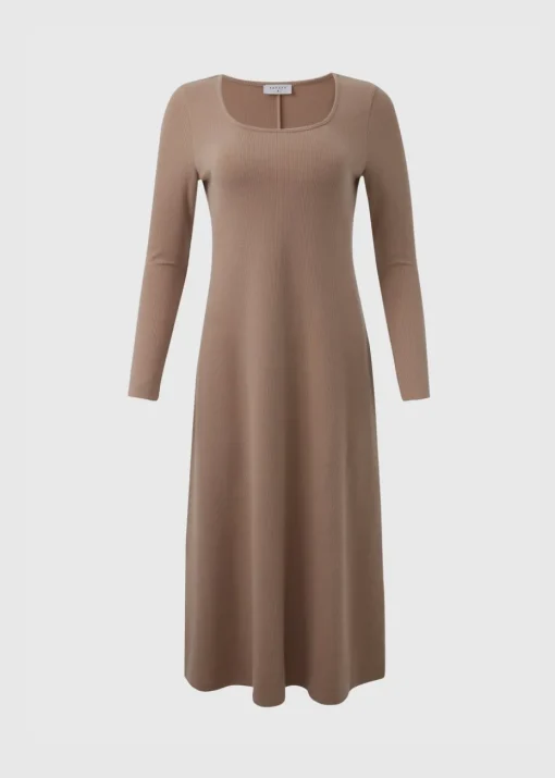 Beige Ribbed Scoop Neck Midi Dress