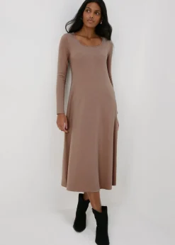 Beige Ribbed Scoop Neck Midi Dress