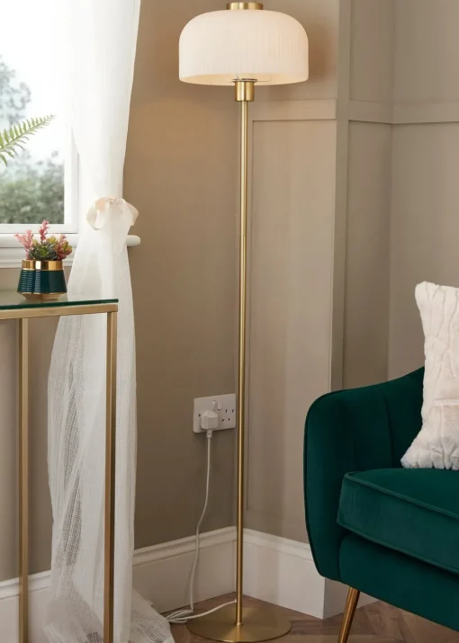 BHS Costa Brass Floor Lamp with Ribbed White glass (145cm x 29cm)
