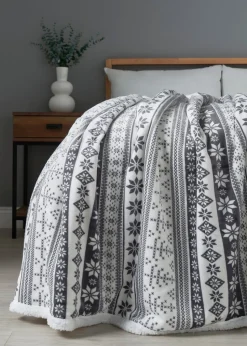 BHS Grey Fair Isle Throw with Faux-Shearling Back