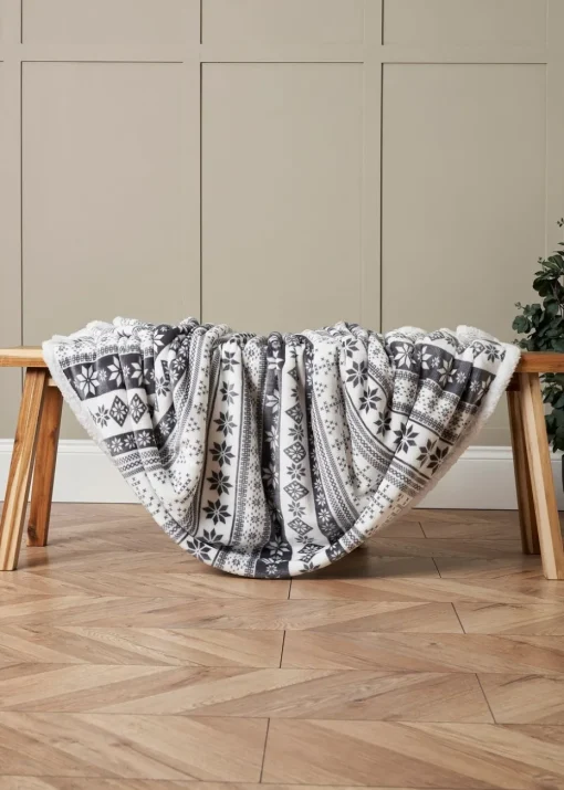 BHS Grey Fair Isle Throw with Faux-Shearling Back