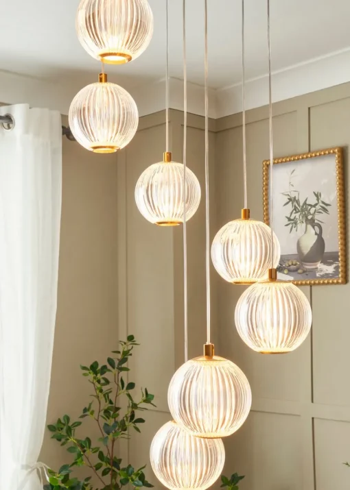 BHS Lighting Raeden LED Brass Acrylic Ball 7 Light Cascade (80-110cm x 36cm)