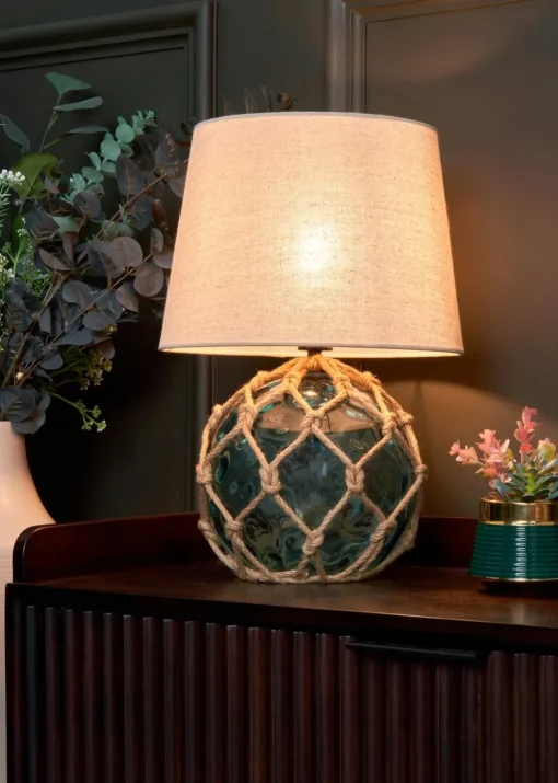 BHS Lighting Seaqua Blue Clear Dimpled Glass Rope Table Lamp (41cm x 28cm)