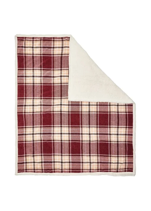 BHS Luxury Warm Red Check Throw With Faux-Shearling (130x150cm)
