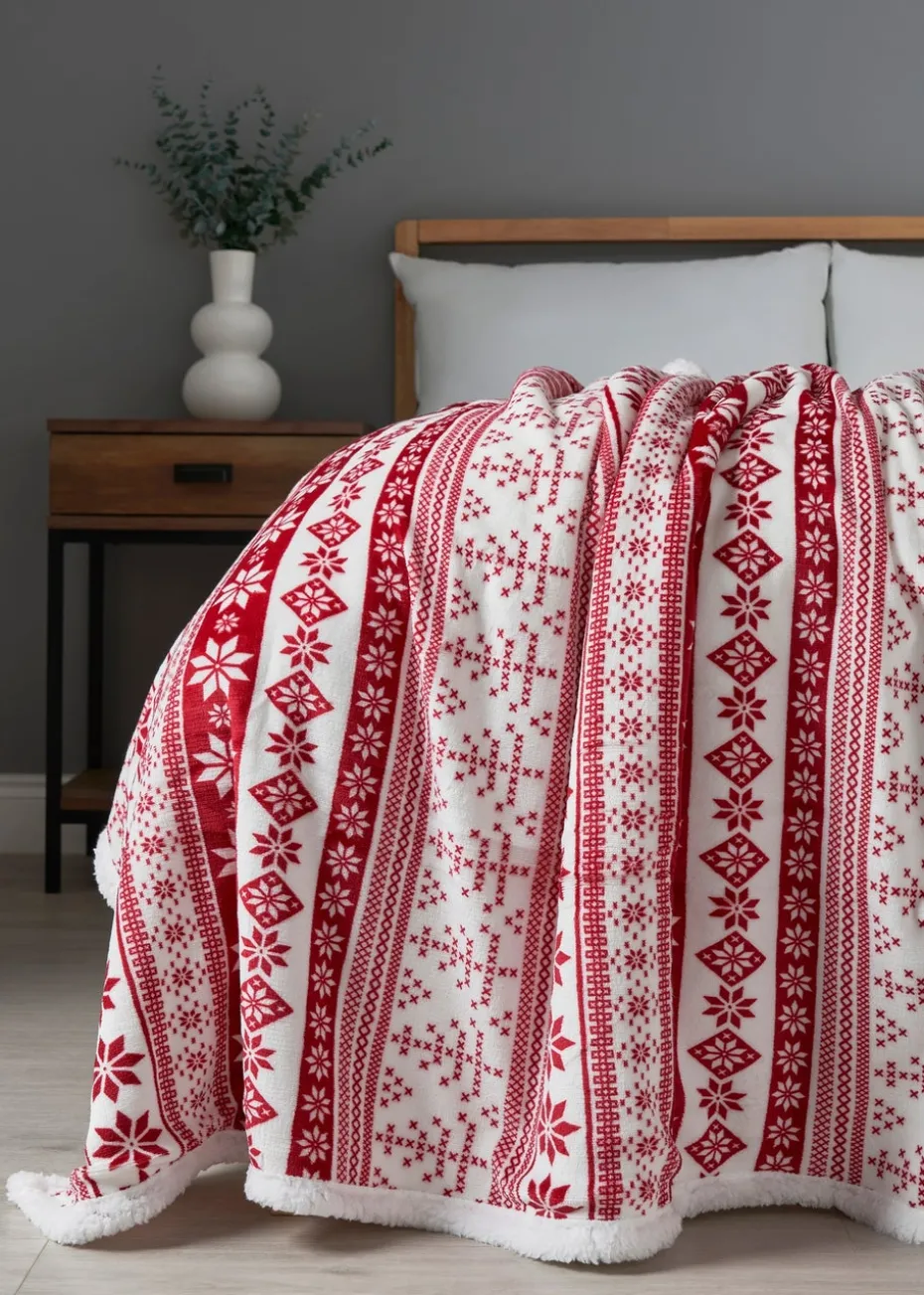 BHS Red Fair Isle Throw with Faux-Shearling Back