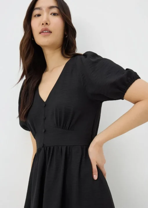 Black Button Midi Tea Dress