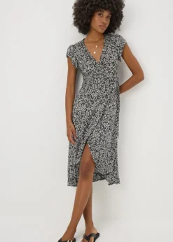Black Floral Frill Wrap Midi Dress