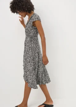 Black Floral Frill Wrap Midi Dress