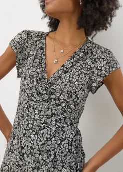 Black Floral Frill Wrap Midi Dress