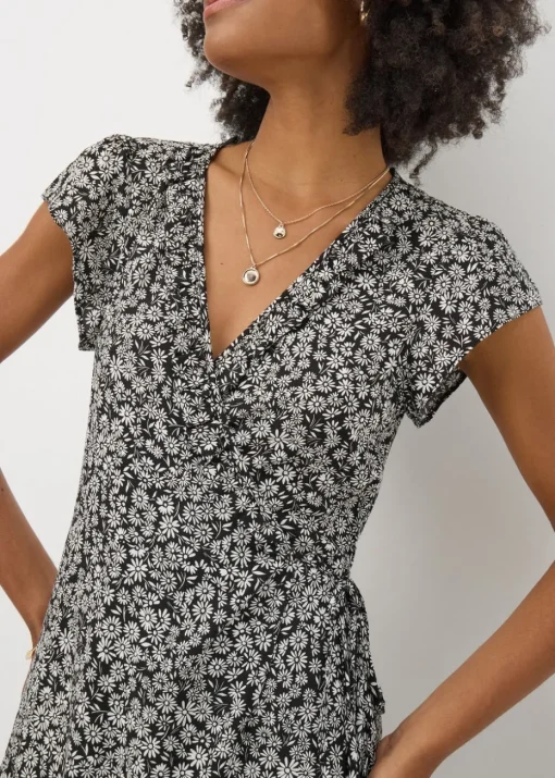 Black Floral Frill Wrap Midi Dress