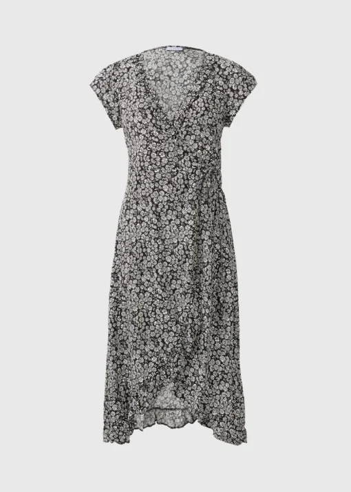 Black Floral Frill Wrap Midi Dress