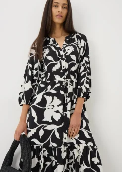 Black Floral Raglan Midi Shirt Dress