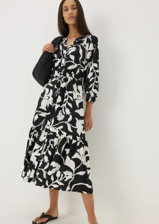 Black Floral Raglan Midi Shirt Dress
