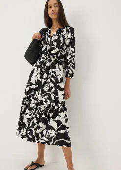 Black Floral Raglan Midi Shirt Dress