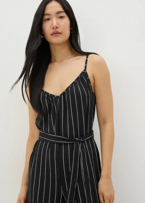 Black Jersey Stripe Wide Leg Jumpsuit
