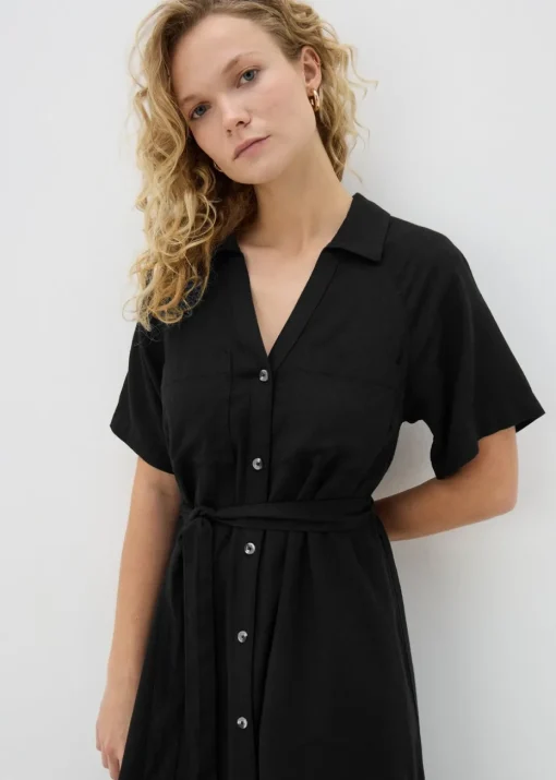 Black Linen Blend Midi Shirt Dress