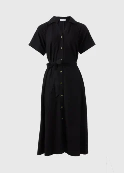 Black Linen Blend Midi Shirt Dress