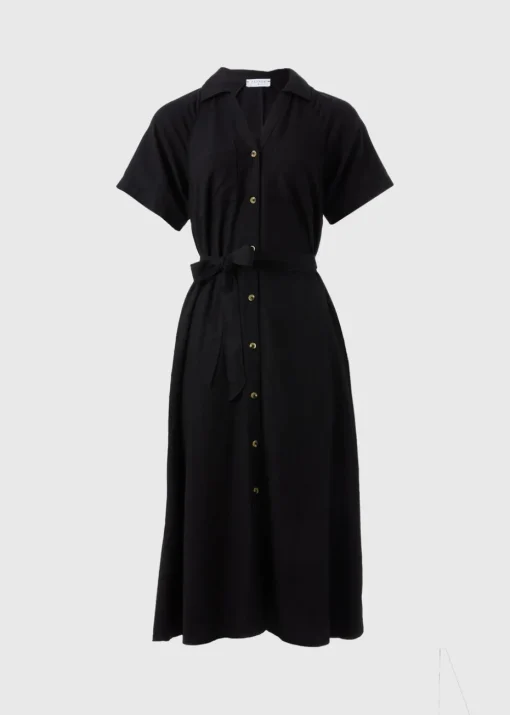 Black Linen Blend Midi Shirt Dress