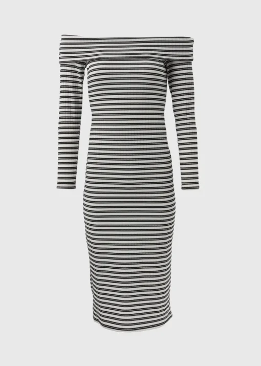 Black Mono Ribbed Bardot Dress