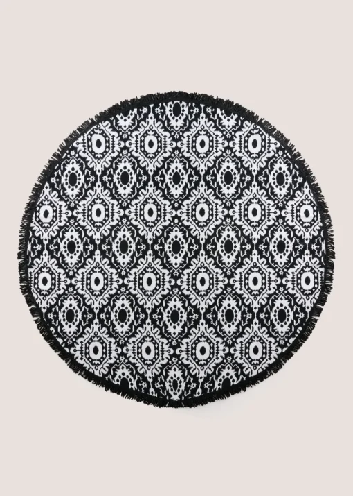 Black Mono Round Beach Towel