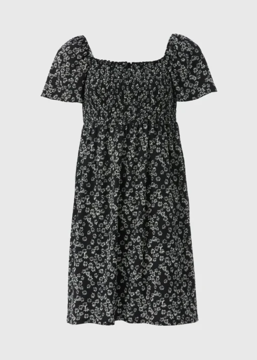 Black Monochrome Floral Shirred Mini Dress
