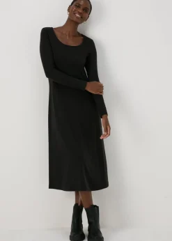 Black Ribbed Scoop Neck Midi Dress