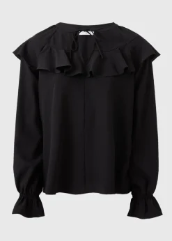 Black Ruffle Tie Neck Blouse
