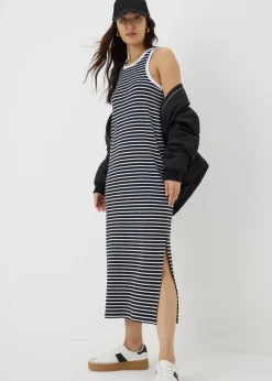 Black Stripe Racer Back Ribbed Midi Dress