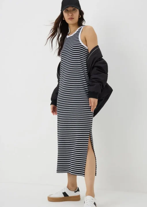 Black Stripe Racer Back Ribbed Midi Dress