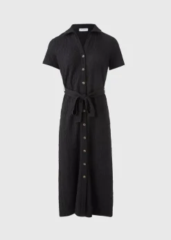 Black Textured Button Through Midi Dress