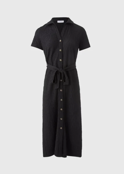 Black Textured Button Through Midi Dress
