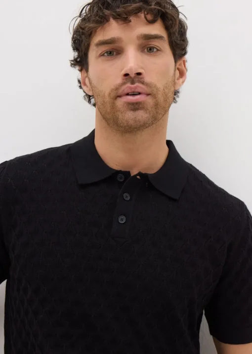 Black Textured Pointelle Polo Shirt