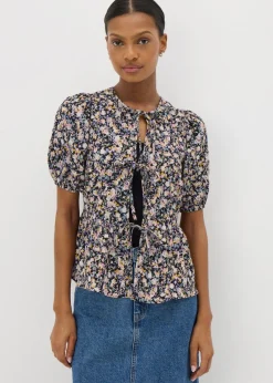 Black Tie Front Peplum Floral Blouse