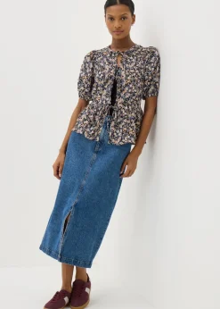 Black Tie Front Peplum Floral Blouse
